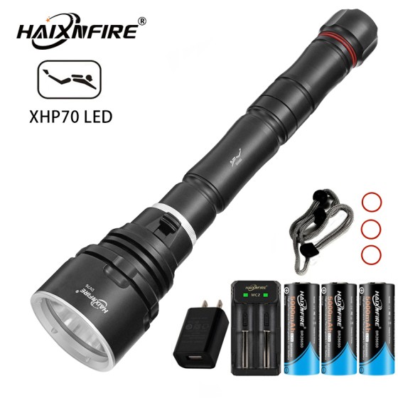 HaixnFire DV76B Diving Flashlight 10000 Lumens Super Bright Waterproof Camping Light 150m Underwater Flashlight XHP70 LED 26650 Life 4-6 Hours