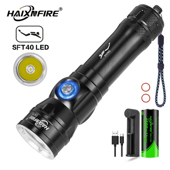 HaixnFire DV71 Scuba Diving Flashlight SFT40 LED 6000 Lumens Spot Light Underwater Waterproof USB Rechargeable Torch Fishing Lamp