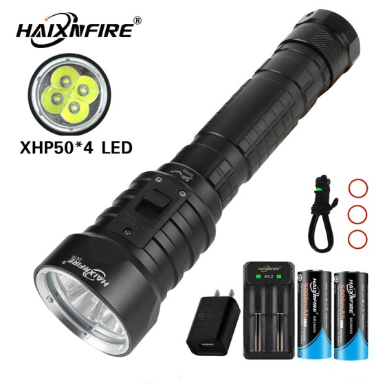 HaixnFire DV74 Scuba Diving Flashlight 10000 Lumens IPX8 Waterproof Flashlight 4pcs LED High Brightness Deep Diving 200m Underwater Lights