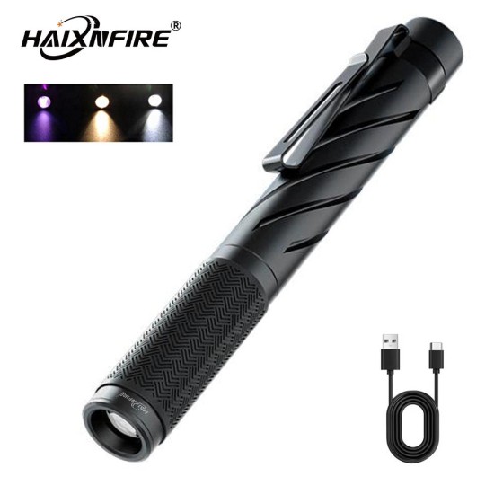 HaixnFire P27 Work light warm/white/purple 395UV LED flashlight USB rechargeable Three-color LED pen light Portable lamp EDC pocket lamp